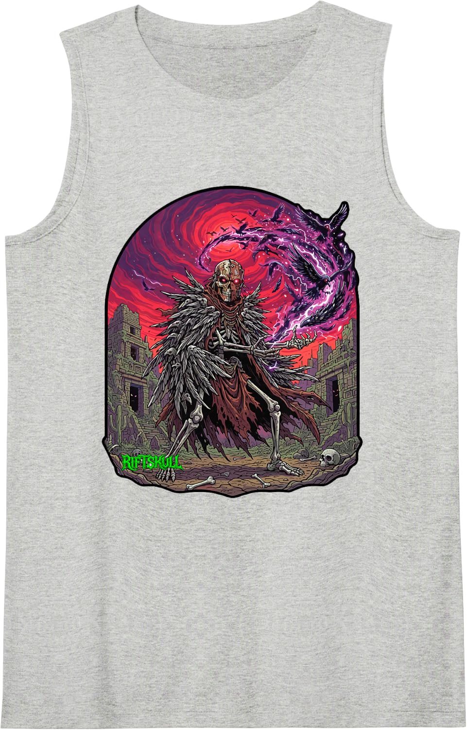 Native American Crow Shaman Skeleton Heavy Metal Rock Gothic Sleeveless Tank Top - Heather Grey