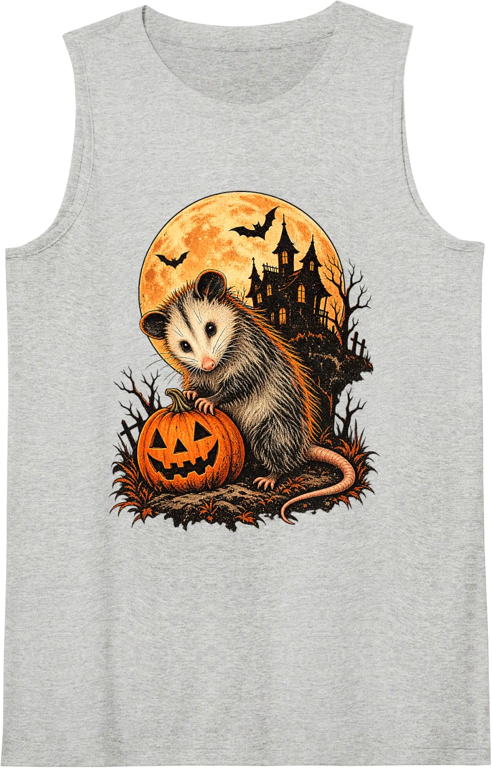 Vintage Opossum Halloween Spooky Possum Pumpkin Sleeveless Tank Top - Heather Grey