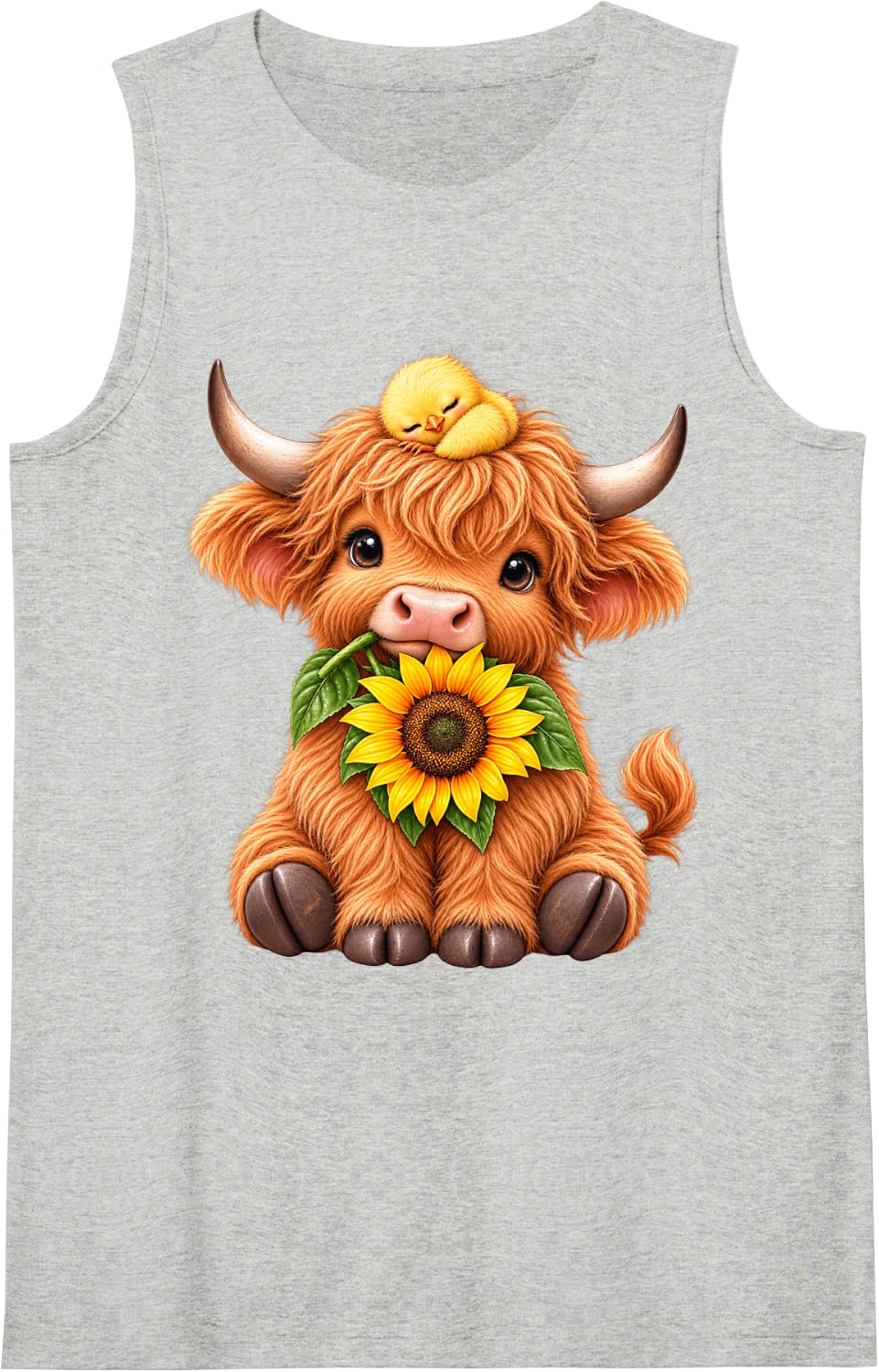 Cute Highland Cow Design Sunflower and Highland Cow Tank Top - Heather Grey