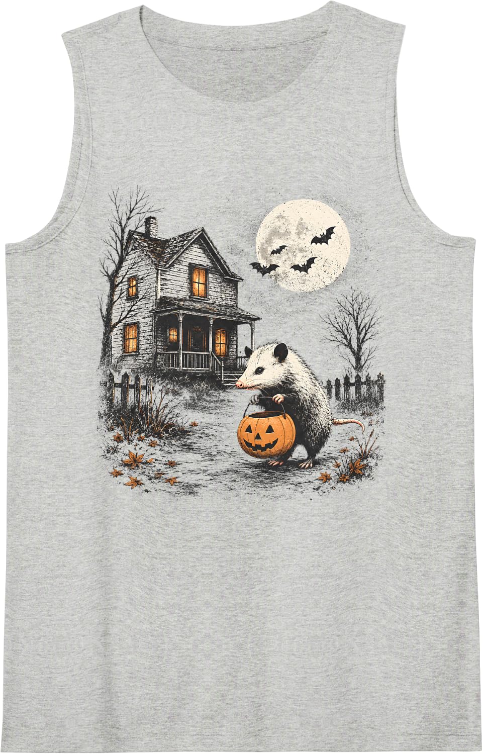Vintage Opossum Halloween Funny Possum Pumpkin Spooky Moon Sleeveless Tank Top - Heather Grey