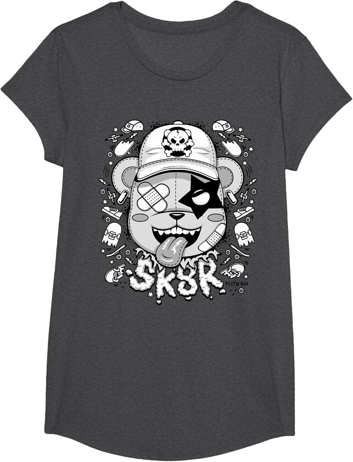 Skater Bear Graphic SK8R Punk Bear Skull Skate Culture Bold T-Shirt - Girls Dark Heather Grey