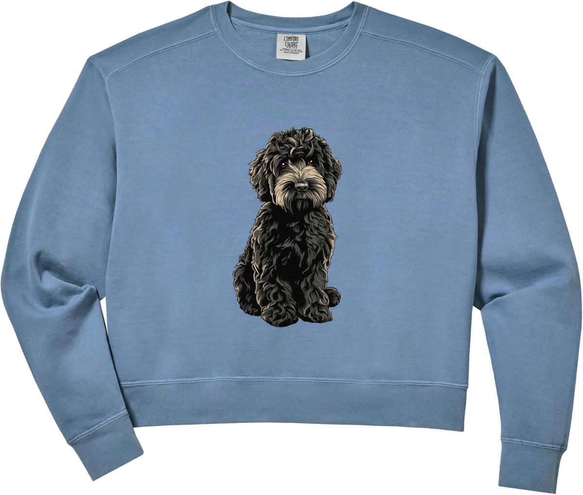 Womens Black Cockapoo Dog Illustration Comfort Colors Crop Sweatshirt - Blue Jean