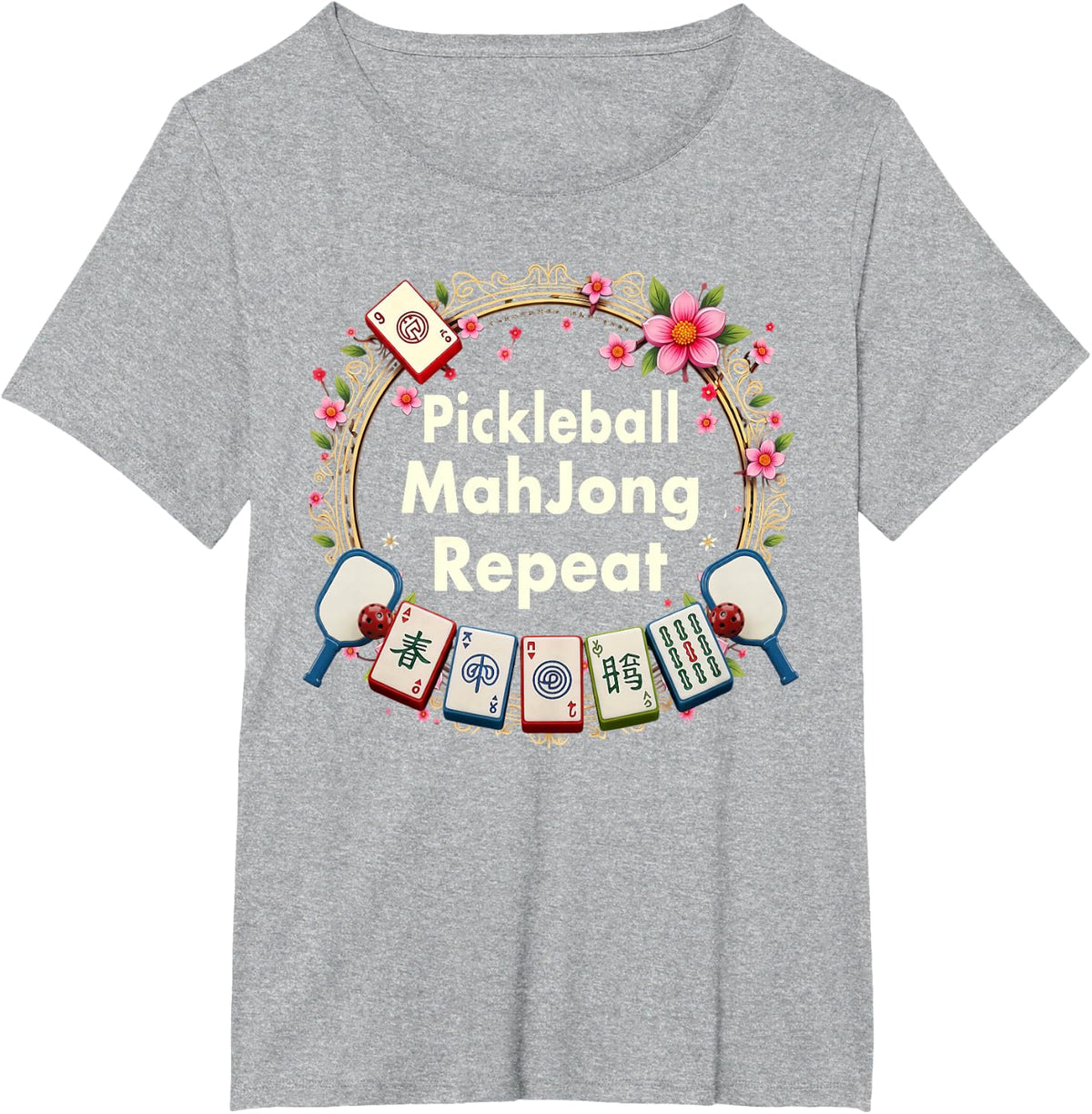 Pickleball Mahjong Repeat Pickle Mahj Flower Social Club T-Shirt - Heather Grey