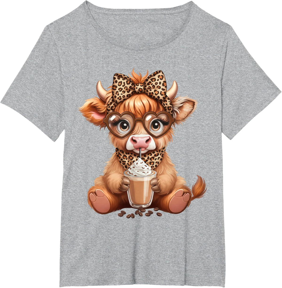 Cute Highland Cow Coffee Latte Lover Leopard Bow Glasses Tee T-Shirt - Heather Grey