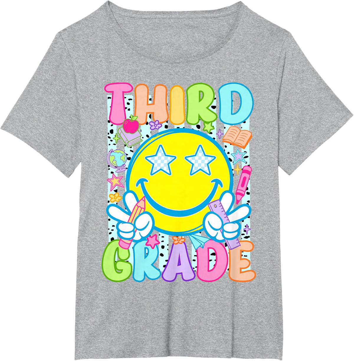 Preppy Smile Face Third Grade Back to School Teachers Kids T-Shirt - Heather Grey