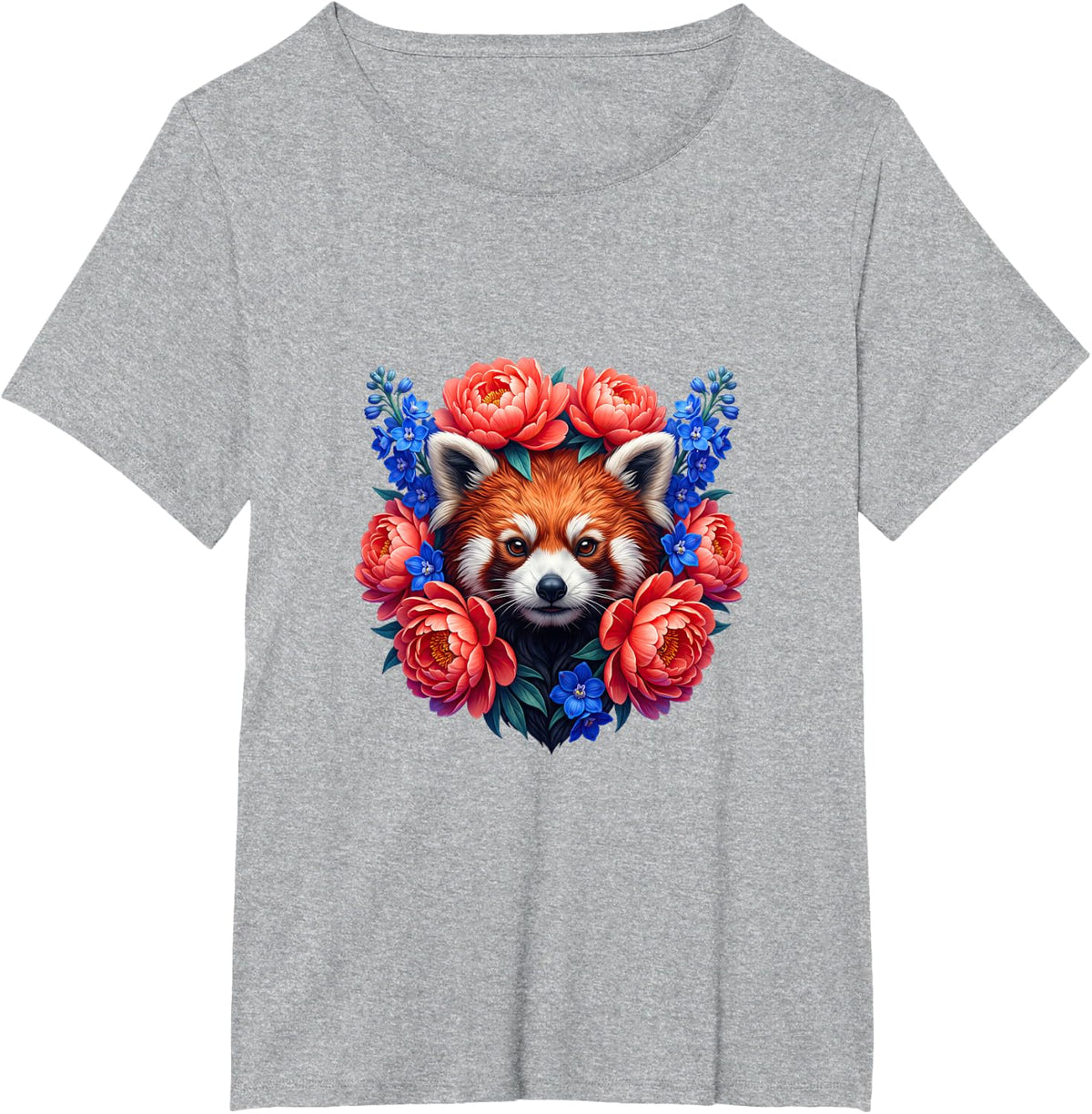 Red Panda with Soft Pink Peonies T-Shirt - Heather Grey