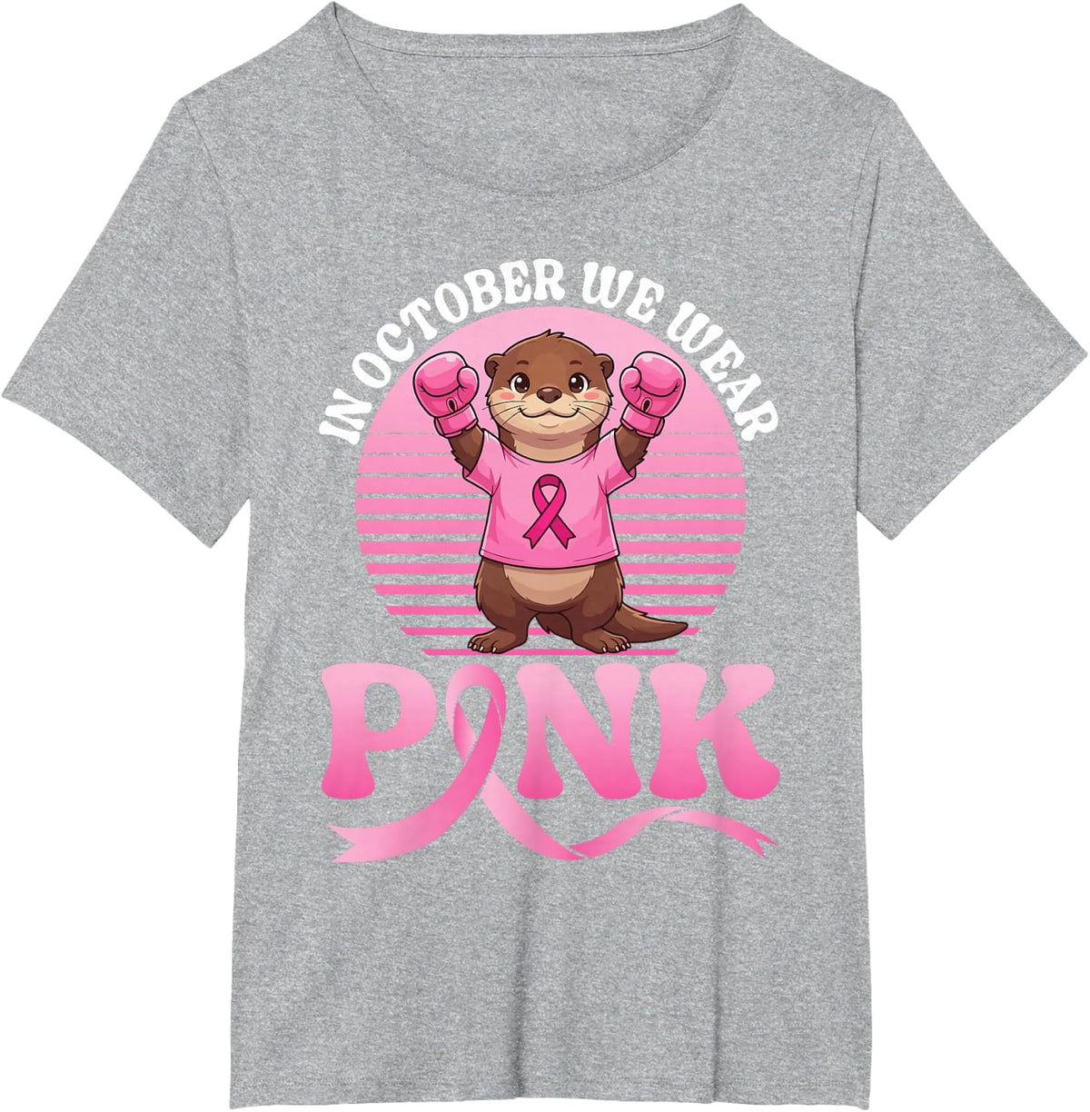 in October We Wear Pink Otter Breast Cancer Warrior Support T-Shirt - Heather Grey