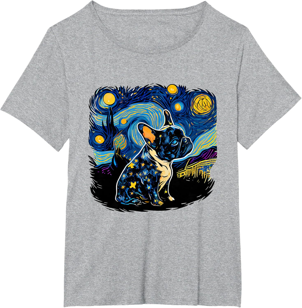Black Frenchie French Bulldog Starry Night Van Gogh Colorful T-Shirt - Heather Grey