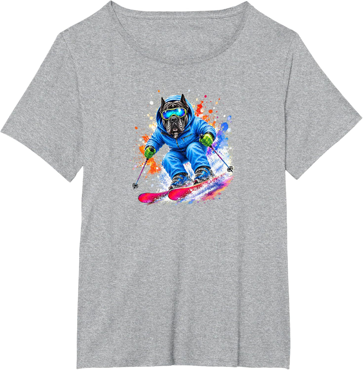Cane Corso Dog Skiing Watercolor Splash Art T-Shirt - Heather Grey