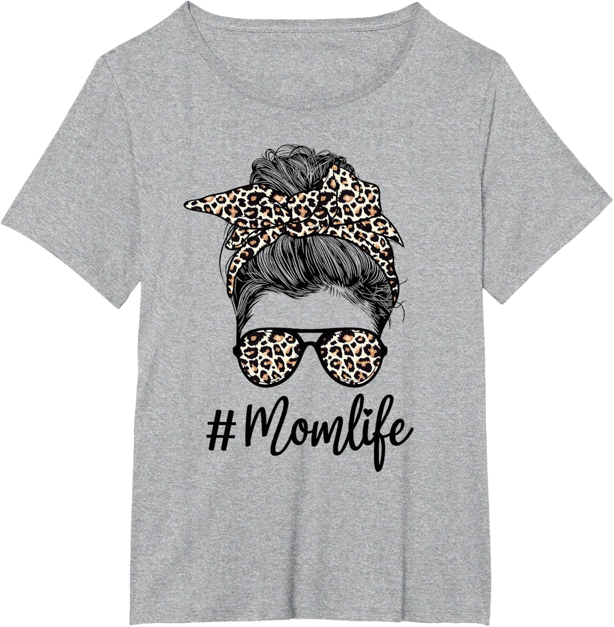 Mom Life Leopard Messy Bun Hair Bandana Glasses T-Shirt - Heather Grey