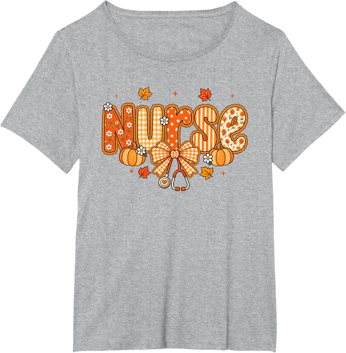 Nurse Coquette Bow Pumpkin Fall Autumn Leaves Thanksgiving T-Shirt - Heather Grey