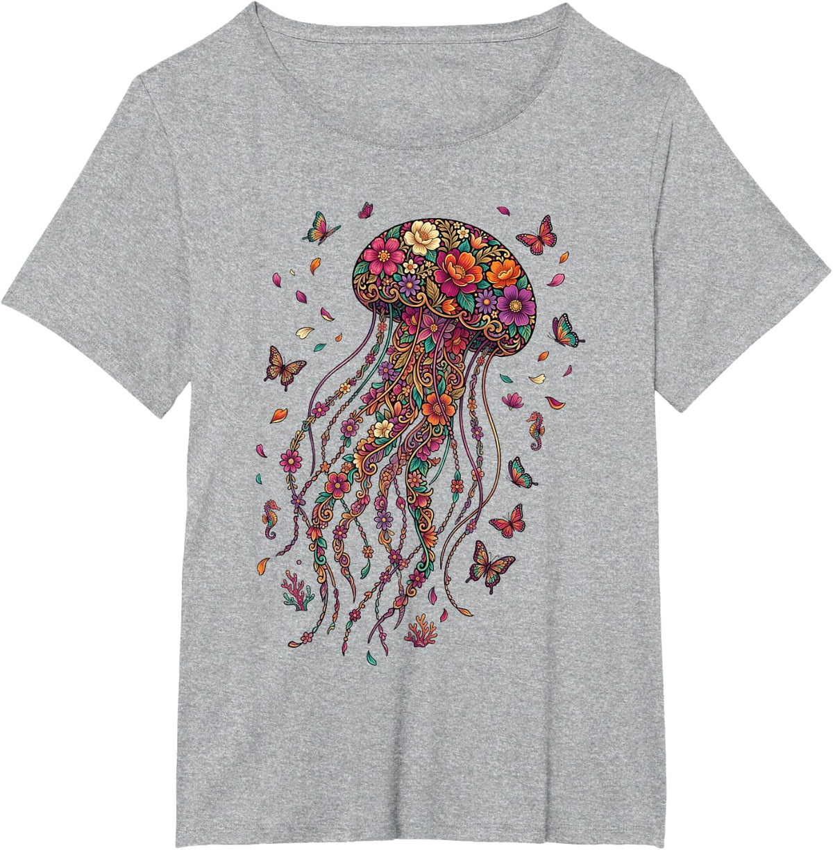 Jellyfish Colorful Floral Butterfly Flowers Botanical T-Shirt - Heather Grey