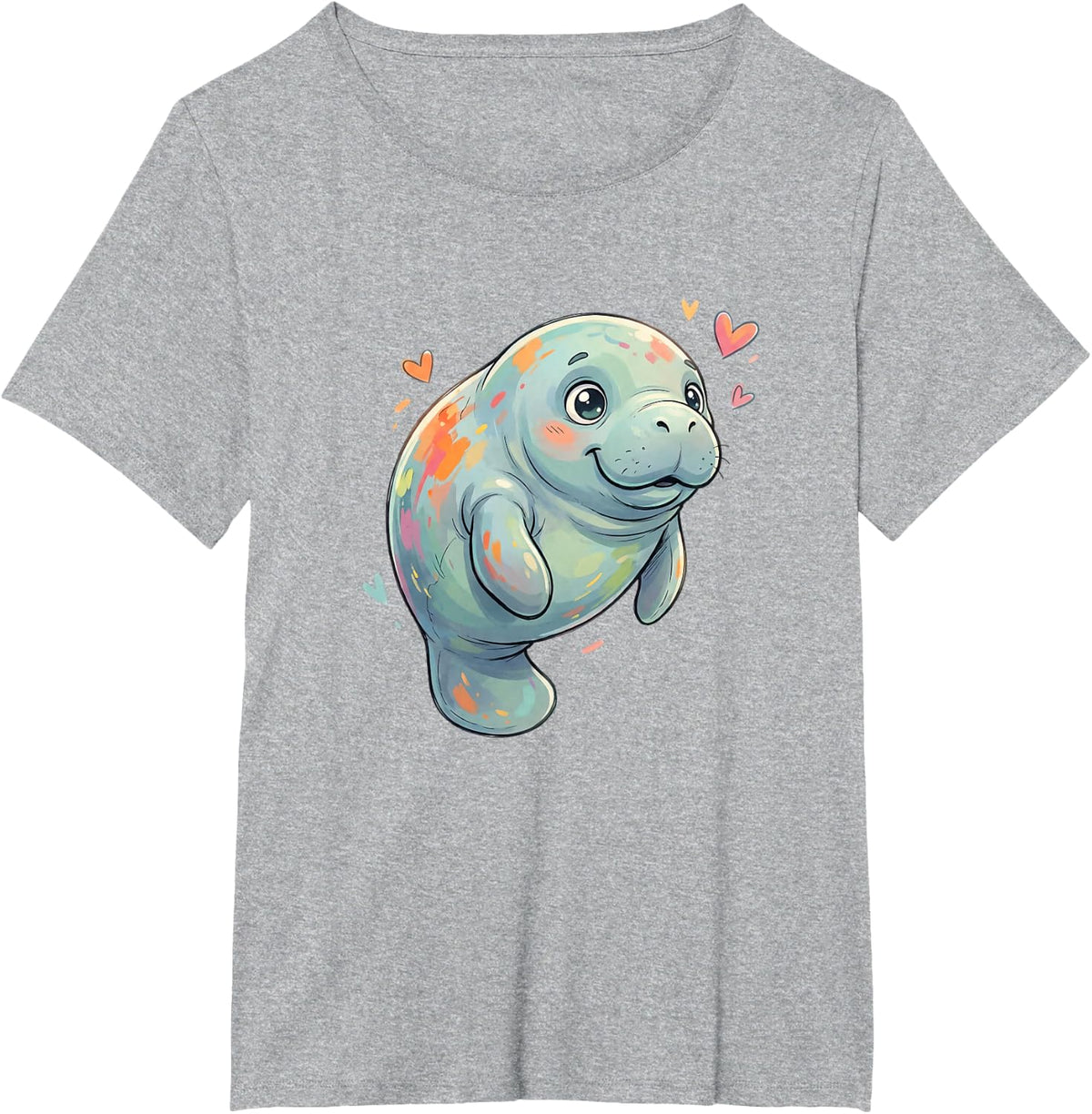 Adorable Colorful Manatee with Hearts Lovers T-Shirt - Heather Grey