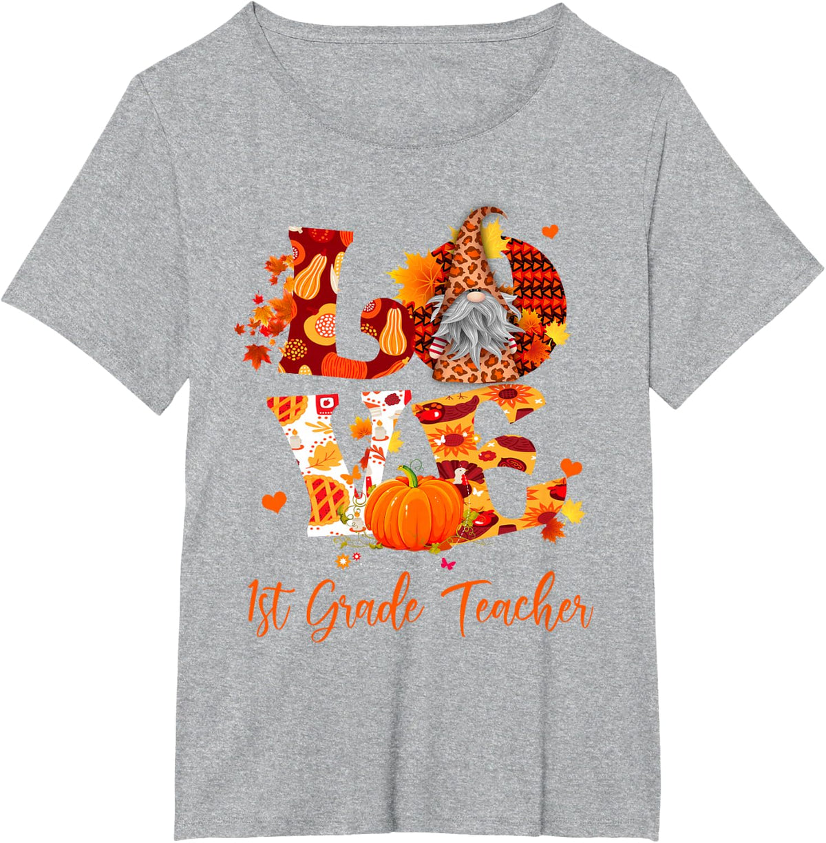 Fall Leopard Love 1st Grade Teacher Thanksgiving Gnome T-Shirt - Heather Grey