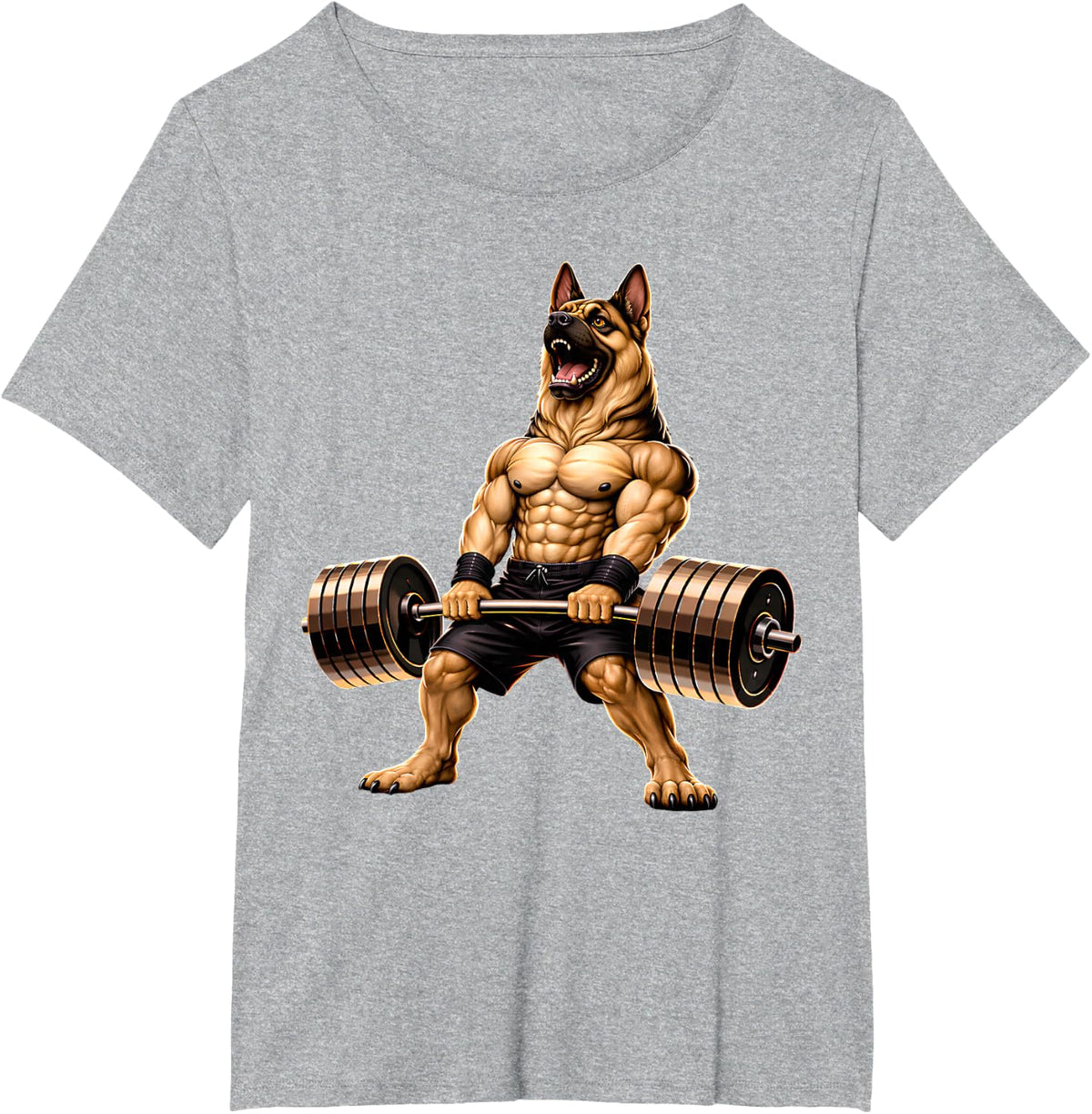 Funny German Shepherd Lifting Weights Gym Workout Dog T-Shirt - Heather Grey