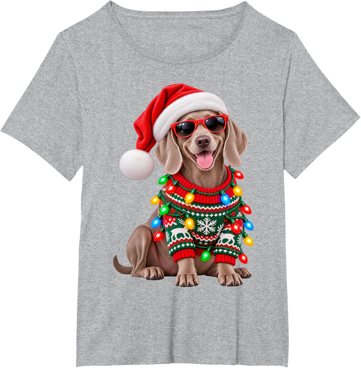 Weimaraner Christmas Lights Santa Hat Sunglasses T-Shirt - Heather Grey