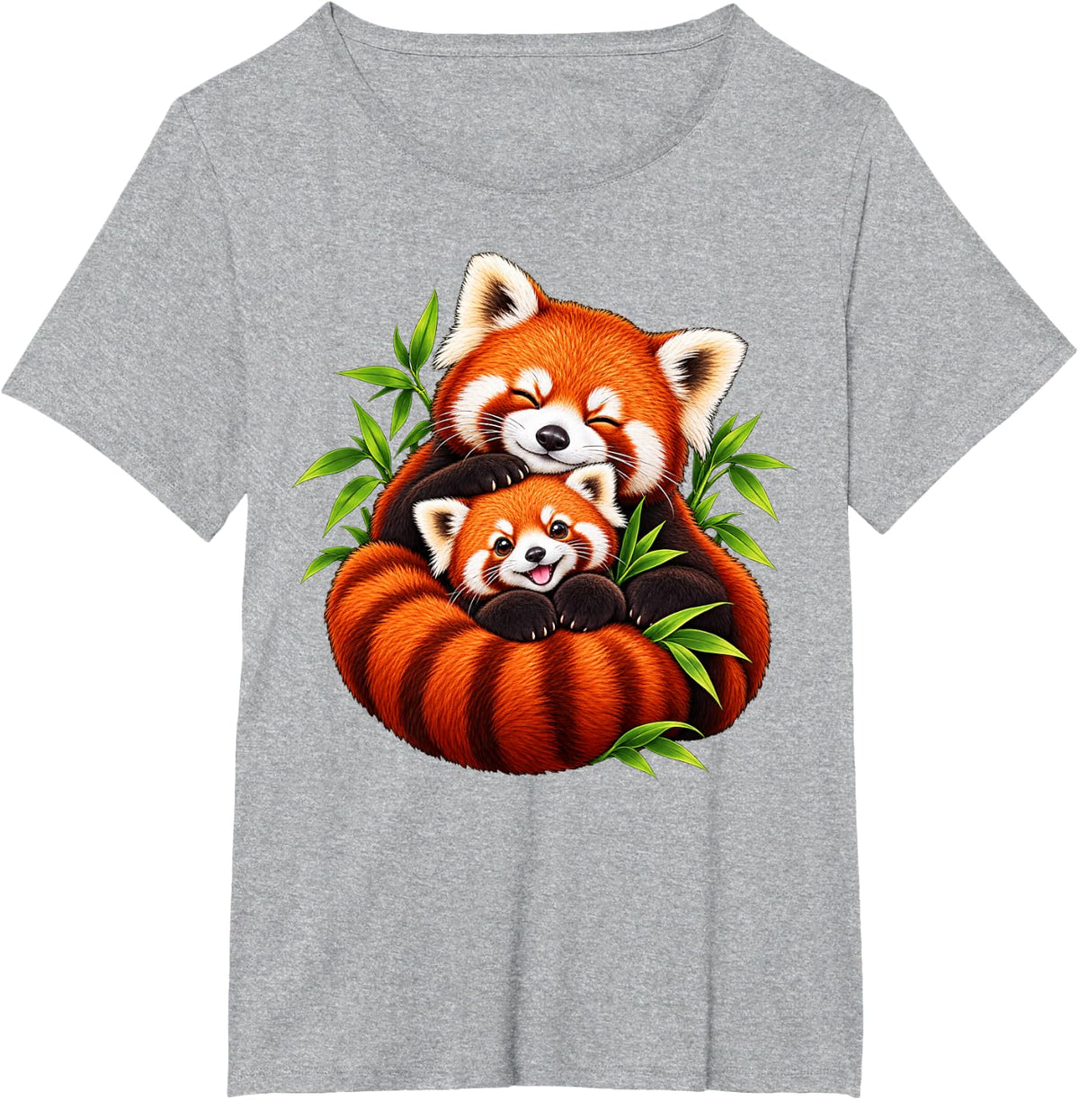 Red Panda Mother Hugging Cub in Bamboo Forest Animal Art T-Shirt - Heather Grey