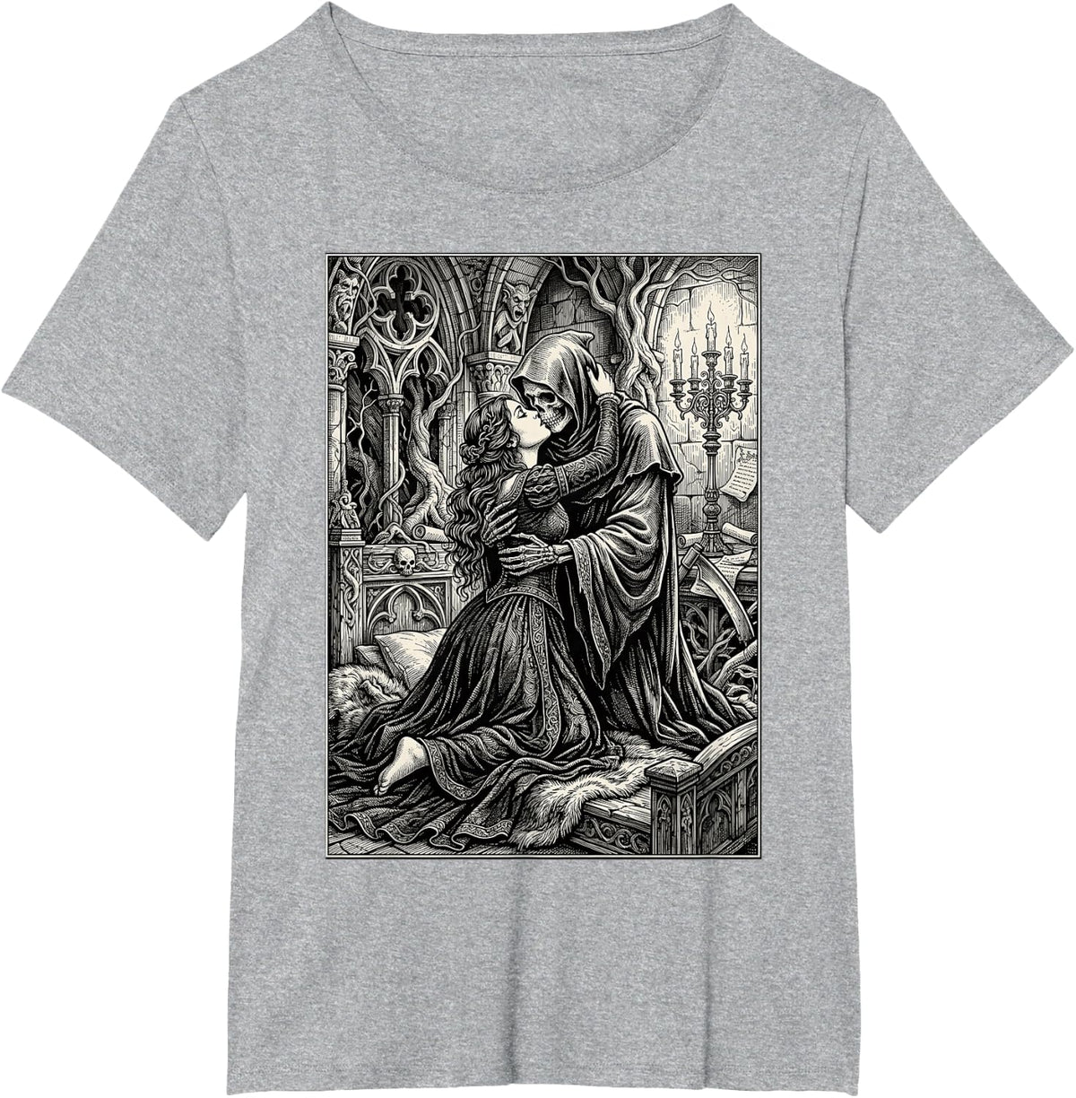 Gothic Macabre Romance Death and Maiden Engraving T-Shirt - Heather Grey