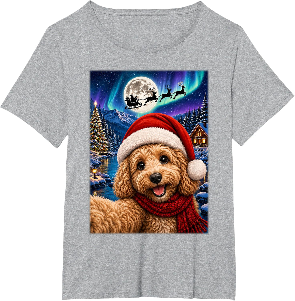 Cockapoo Dog Christmas Selfie Moon Night Santa Sleigh Xmas T-Shirt - Heather Grey