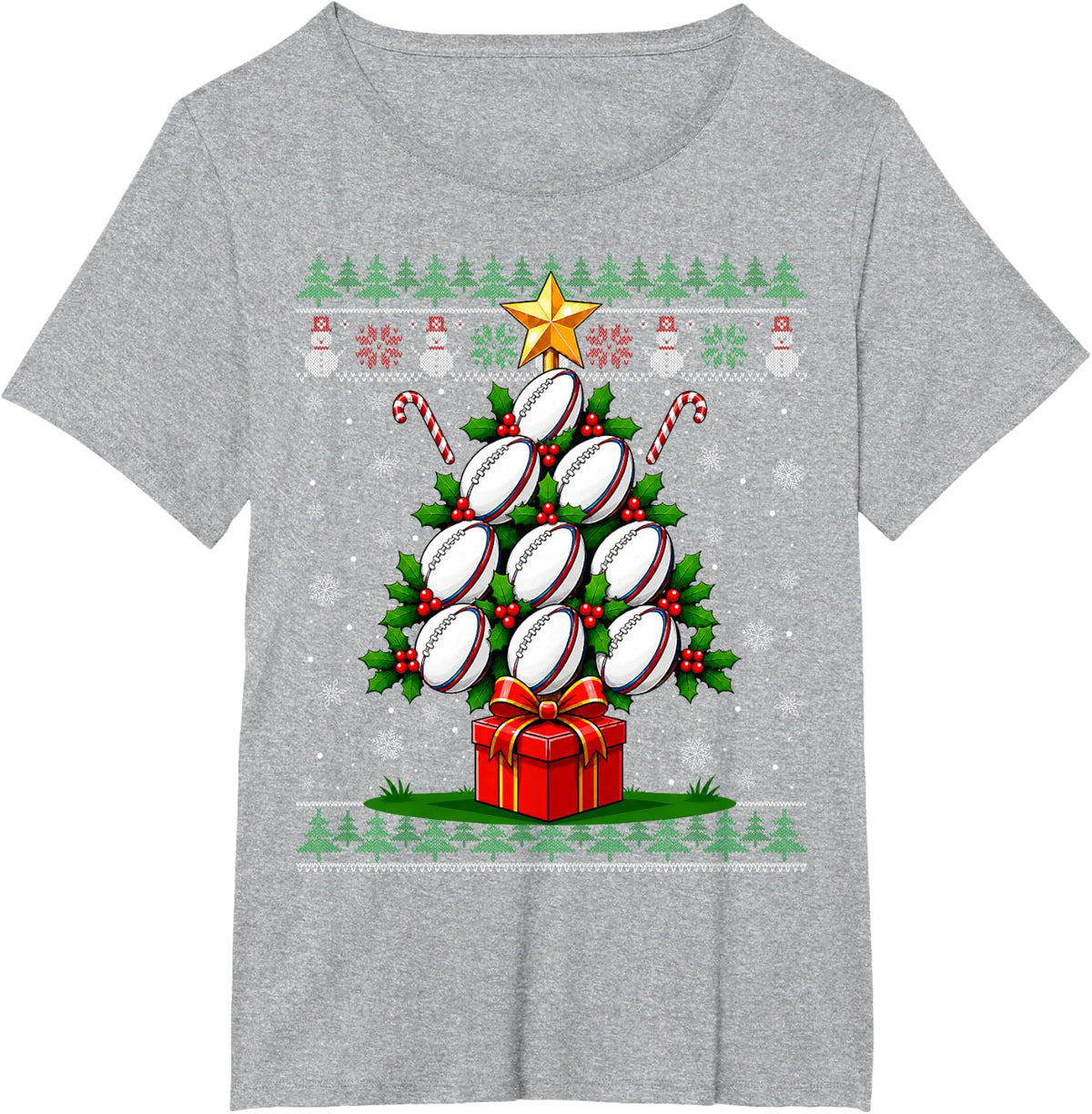 Xmas Ugly Sweaters Festive Sports Rugby Ball Christmas Tree T-Shirt - Heather Grey