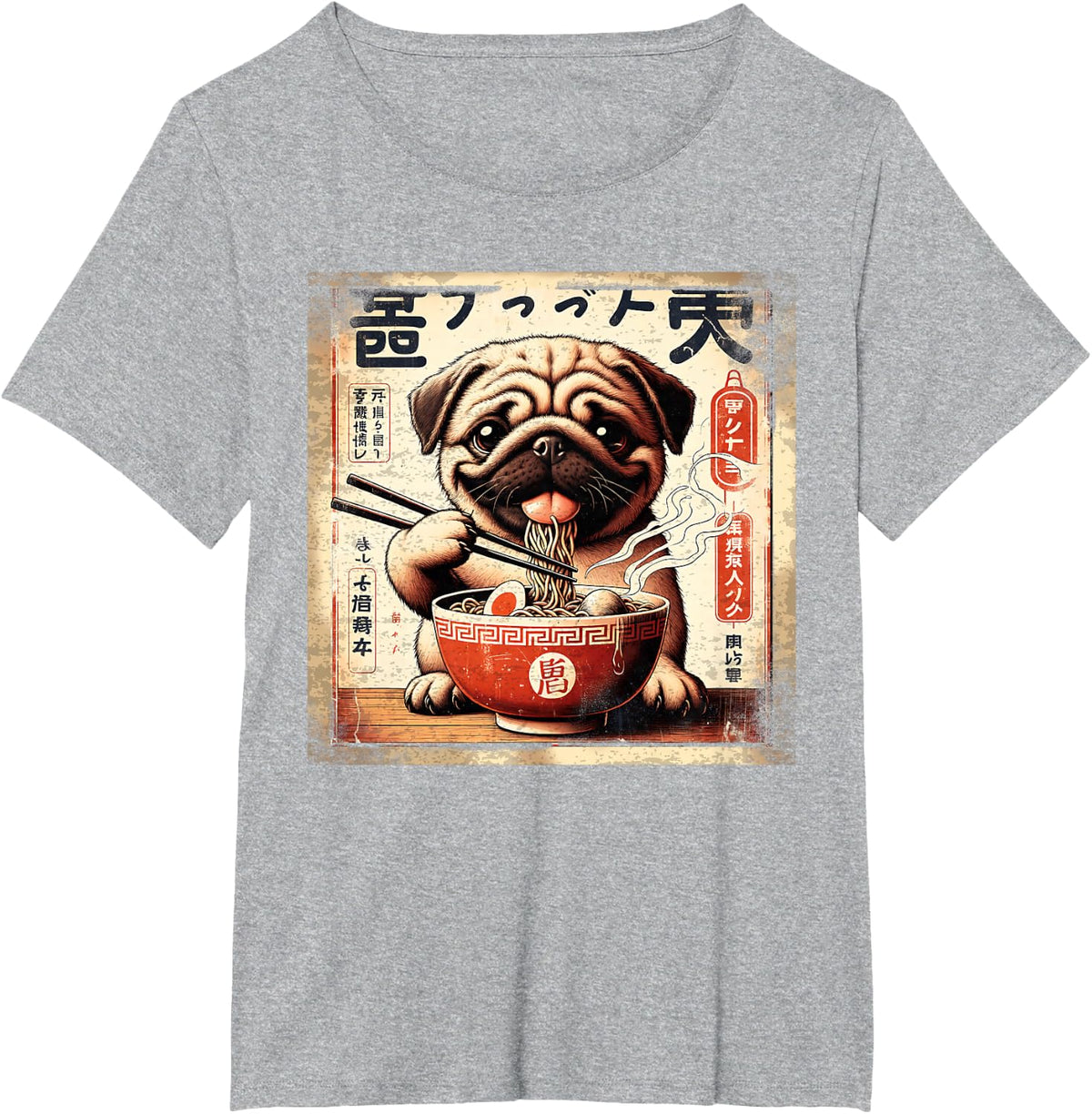 Pug Eating Ramen Vintage Japanese Art Dog Graphic T-Shirt - Heather Grey