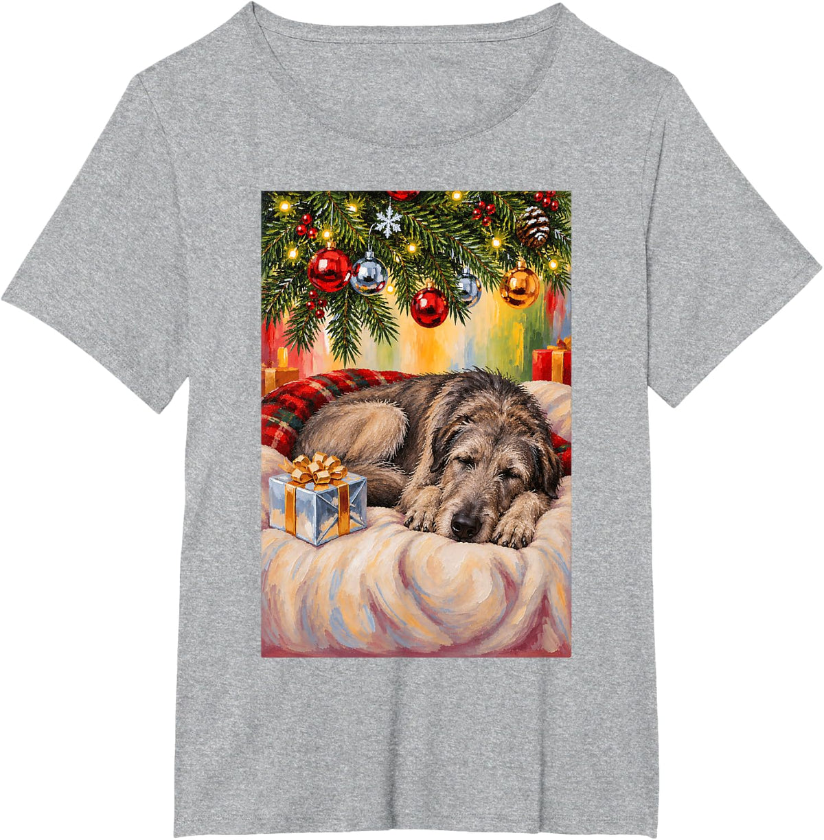 Funny Irish Wolfhound Dog Sleeping Christmas Tree T-Shirt - Heather Grey