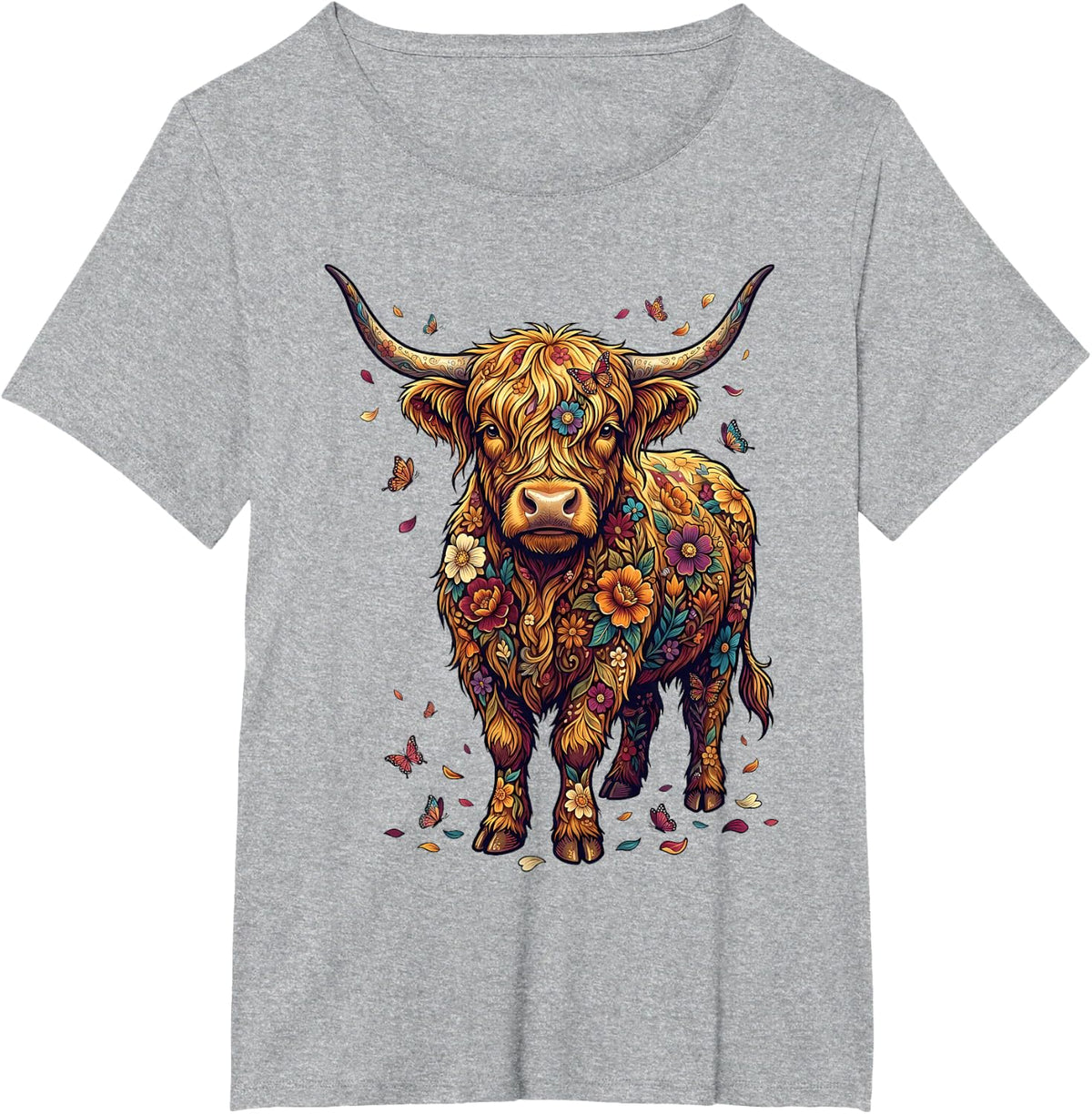 Floral Highland Cow Portrait T-Shirt - Heather Grey