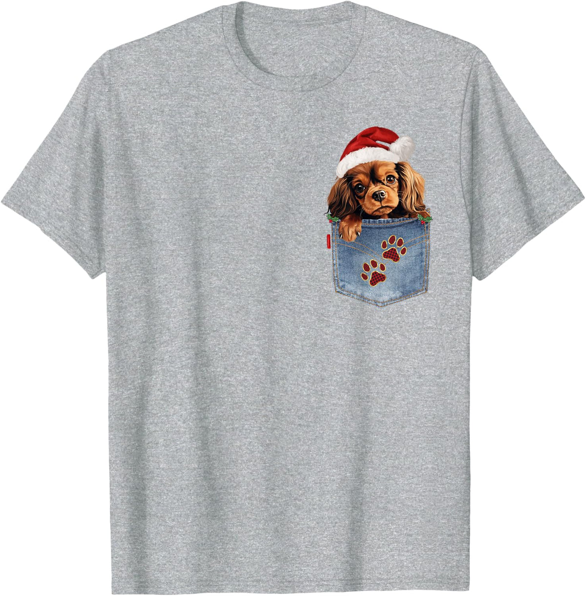 Ruby Cavalier King Charles Spaniel Peeking Christmas Santa T-Shirt - Heather Grey