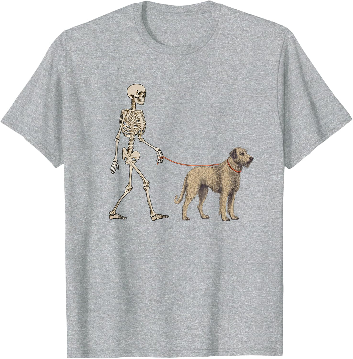 Funny Irish Wolfhound Skeleton Dog Walking Halloween Dog T-Shirt - Heather Grey