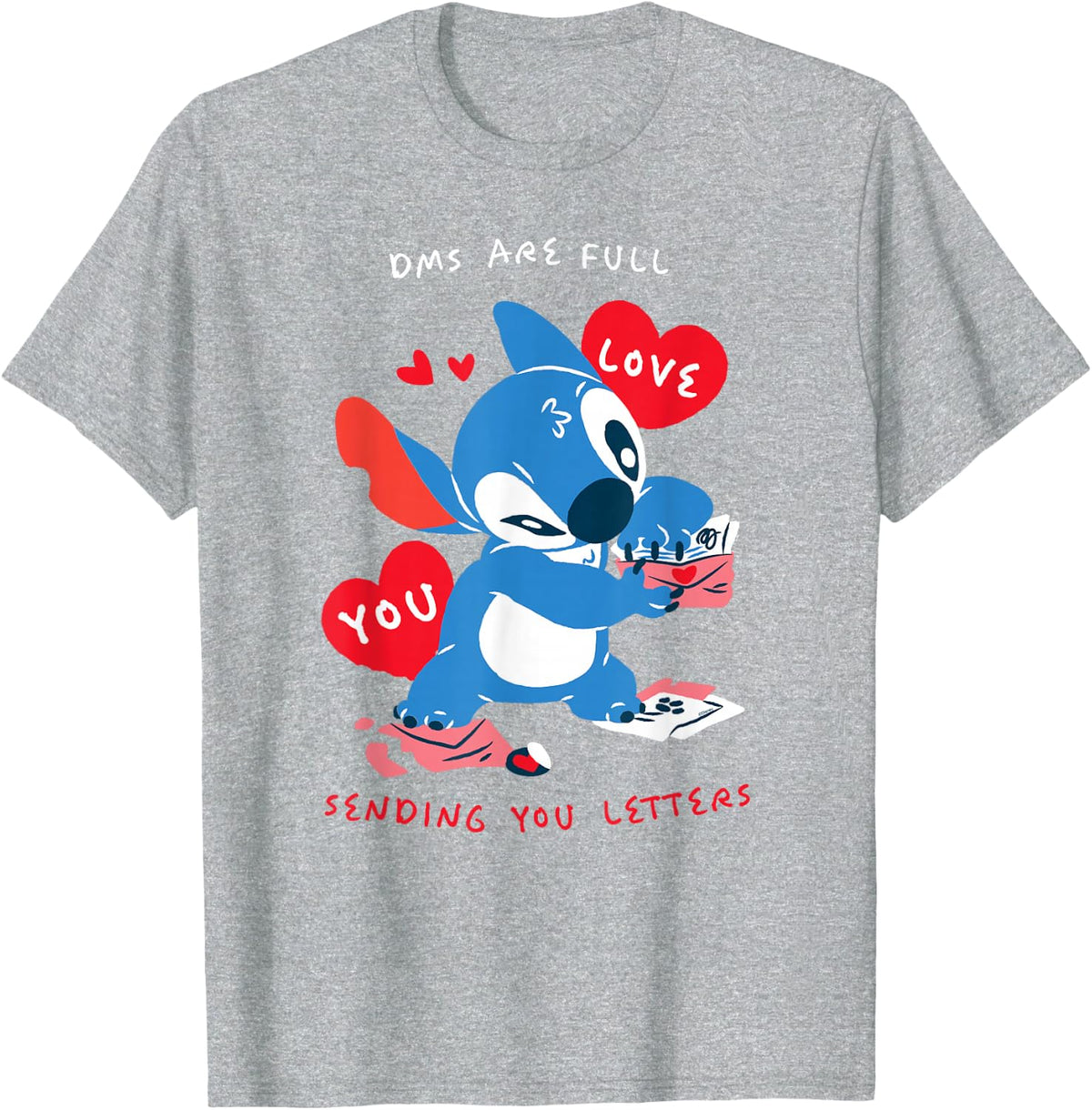 Disney Stitch Valentine's Day DMS Full, Sending You Letters T-Shirt - Heather Grey