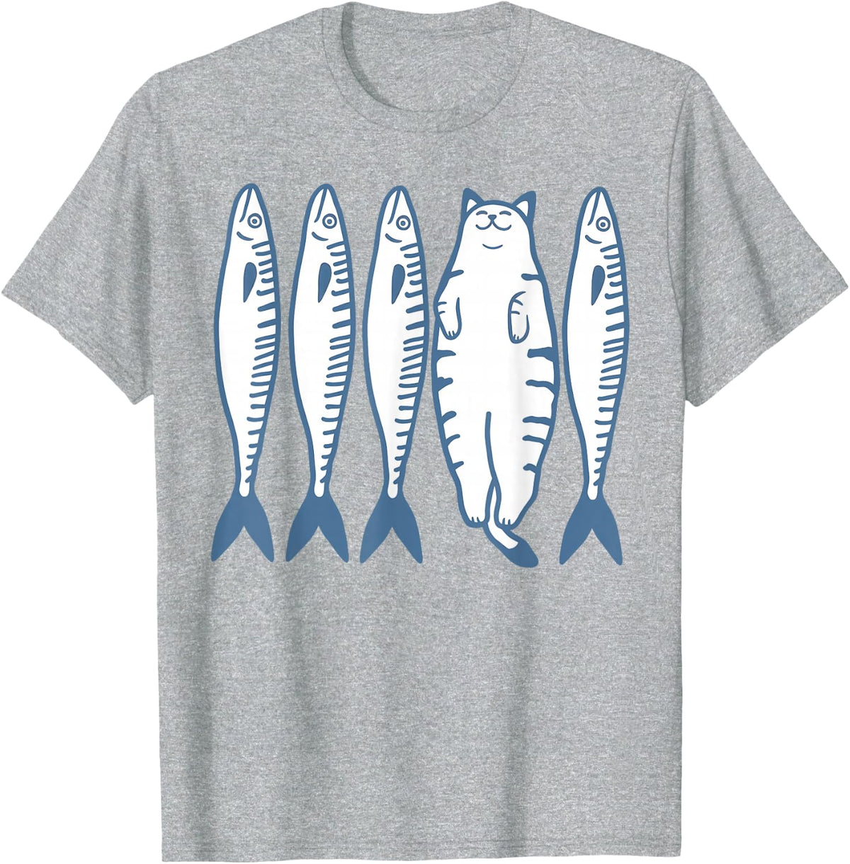 Funny Cat Hiding in Fish Line Art Cute Cat Japanese Style T-Shirt - Heather Grey