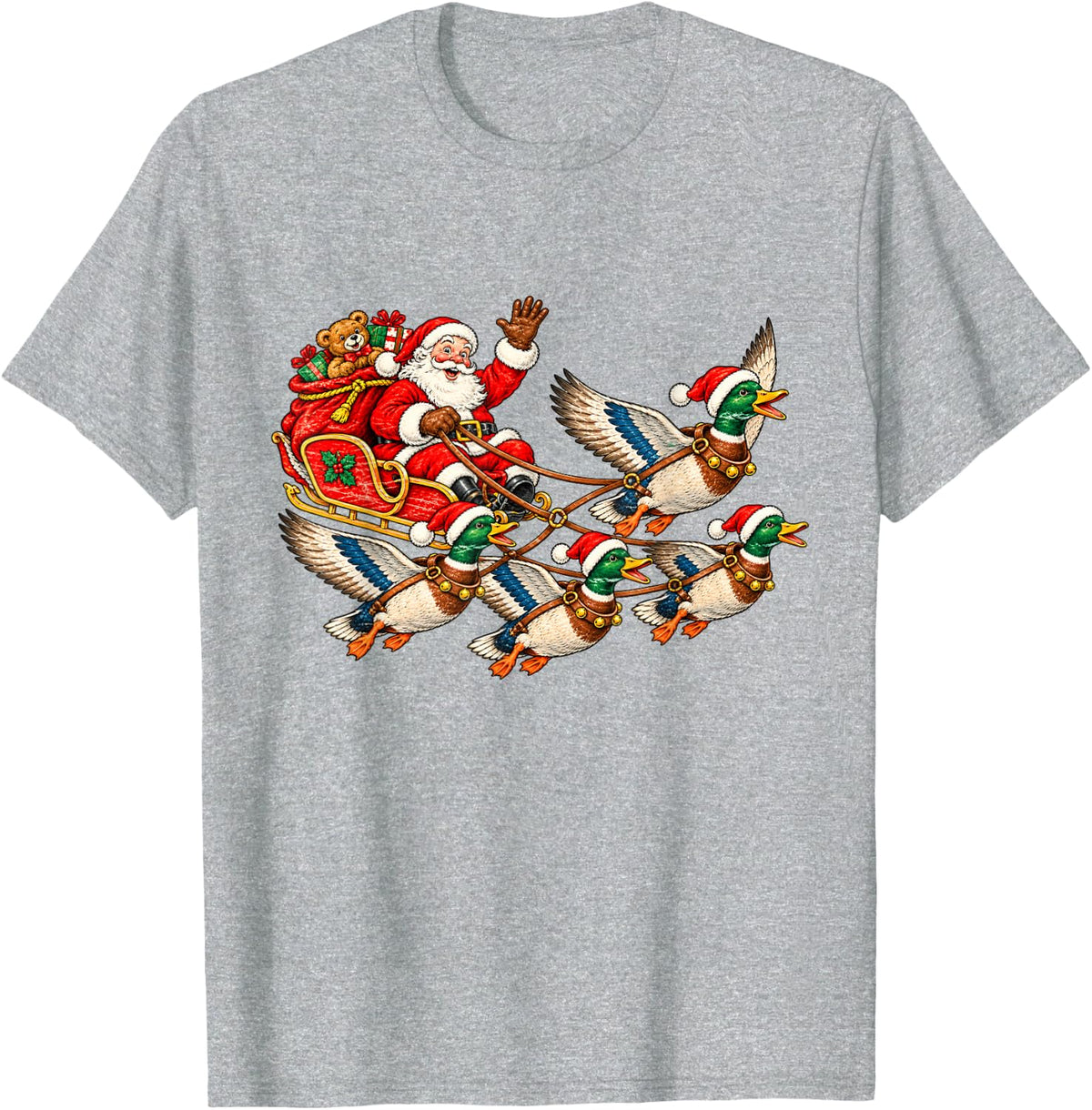 Santa Duck Sleigh Funny Christmas Mallard Ducks Holiday T-Shirt - Heather Grey