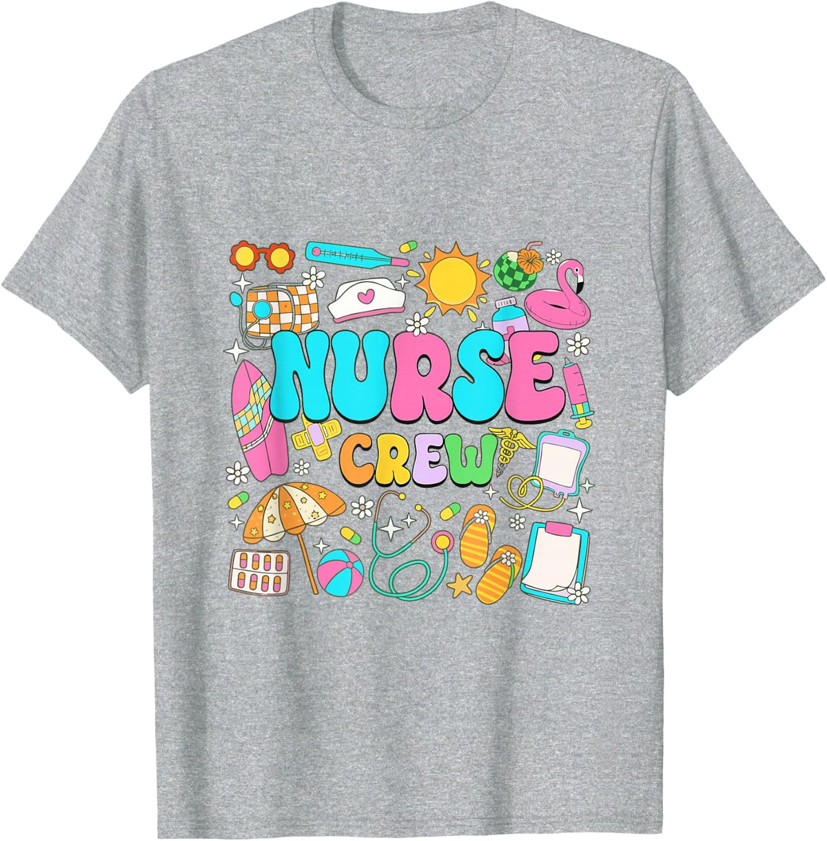 Retro Nurse Summer Vacation Nurse Crew T-Shirt - Heather Grey