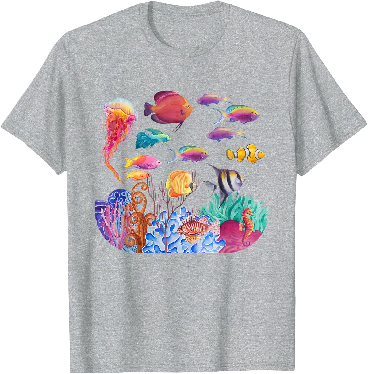 Ocean Scene Watercolor Sea Life Tee - Marine Animal T-Shirt for Ocean Lovers - Heather Grey