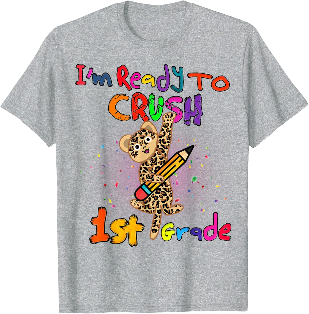 First Grade Leopard Rainbow Girls Boys Cat 1st Grade T-Shirt - Heather Grey