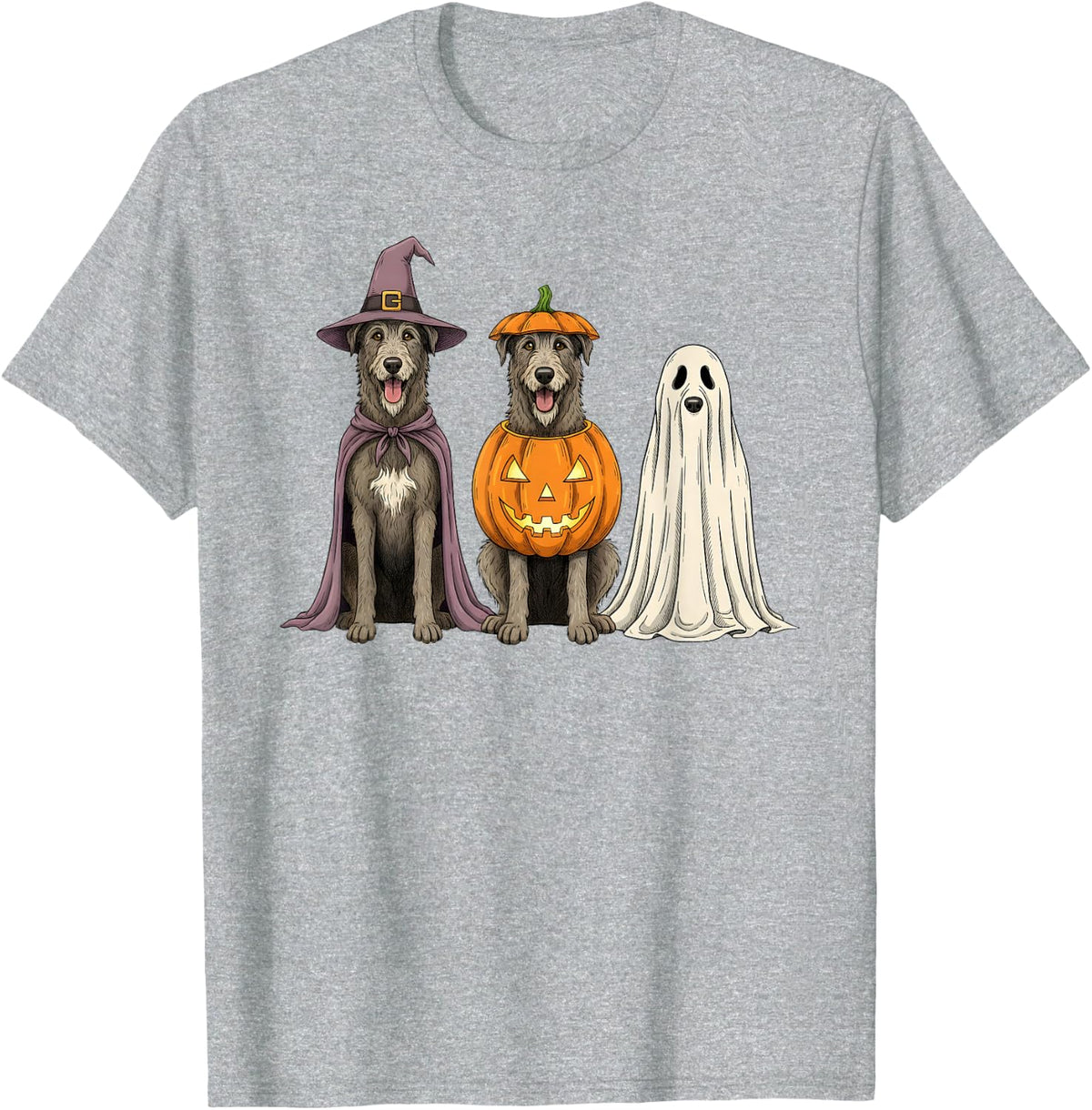 Spooky Ghost Irish Wolfhound Pumpkin Halloween Dog Lover T-Shirt - Heather Grey
