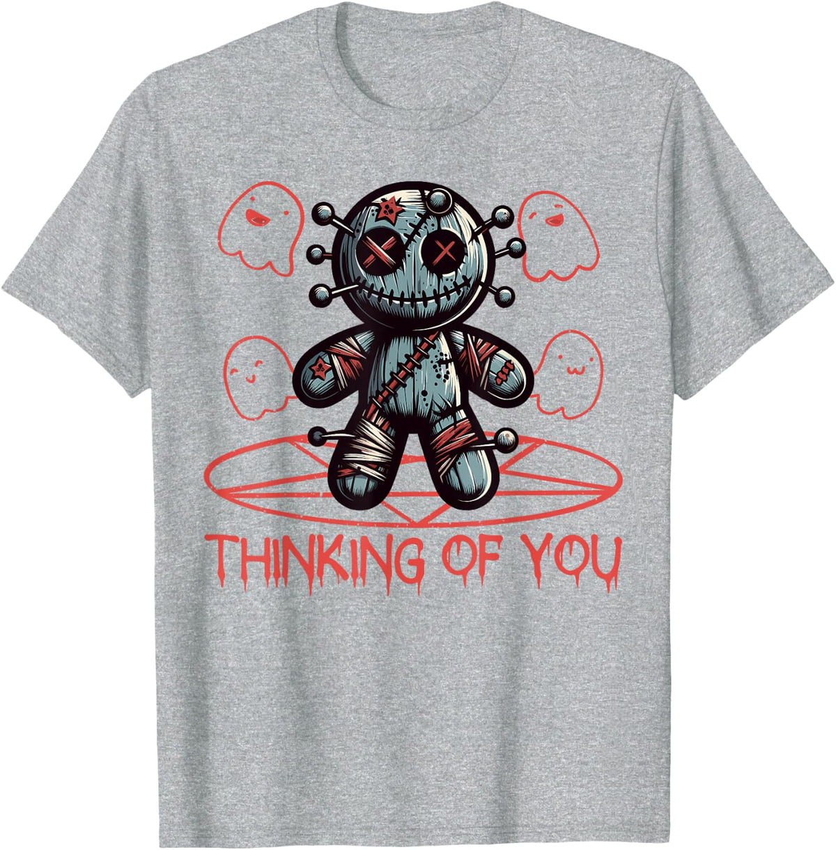 Thinking of You Voodoo Doll Creepy Halloween T-Shirt - Heather Grey