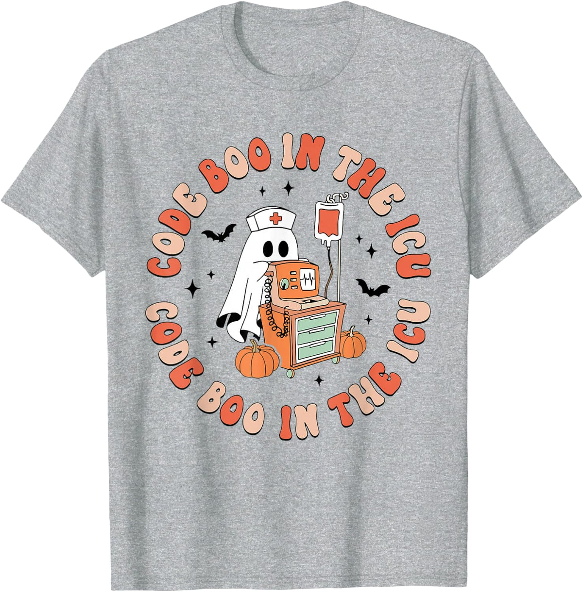 ICU Nurse Halloween Critical Care Nurse ICU Code Boo Crew T-Shirt - Heather Grey
