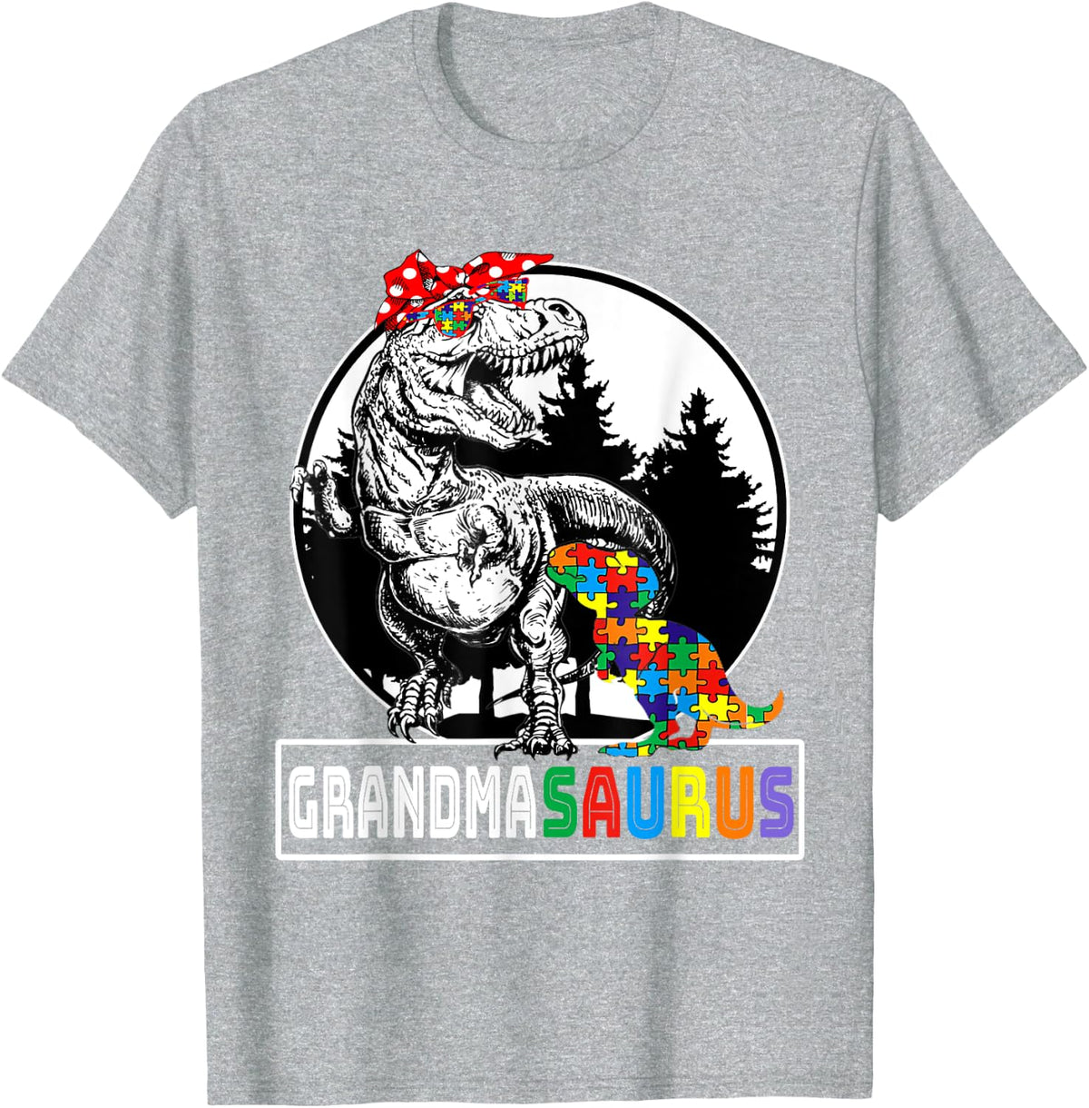 Grandmasaurus T rex Dinosaur Grandma Saurus Autism Awareness T-Shirt - Heather Grey