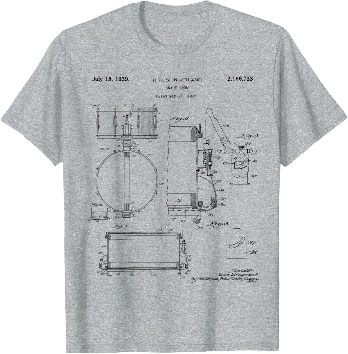 Snare Drum Patent Vintage Drawing Print T-Shirt - Heather Grey