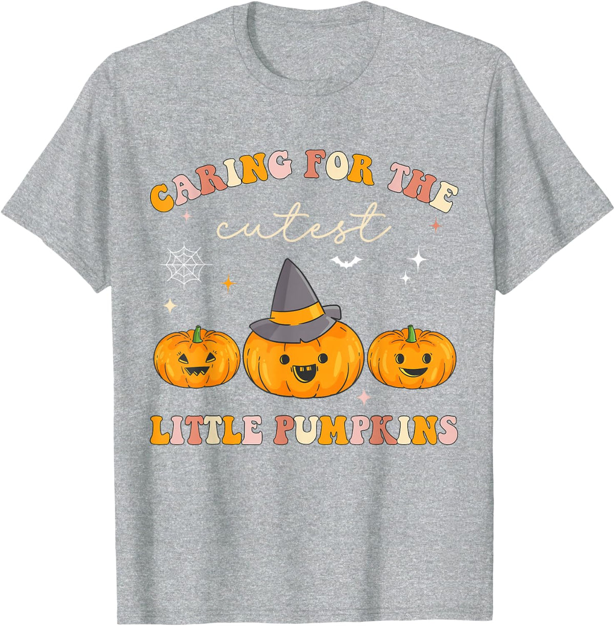 Caring for Cutest Little Pumpkins Pediatric Nurse Halloween Tee T-Shirt - Heather Grey