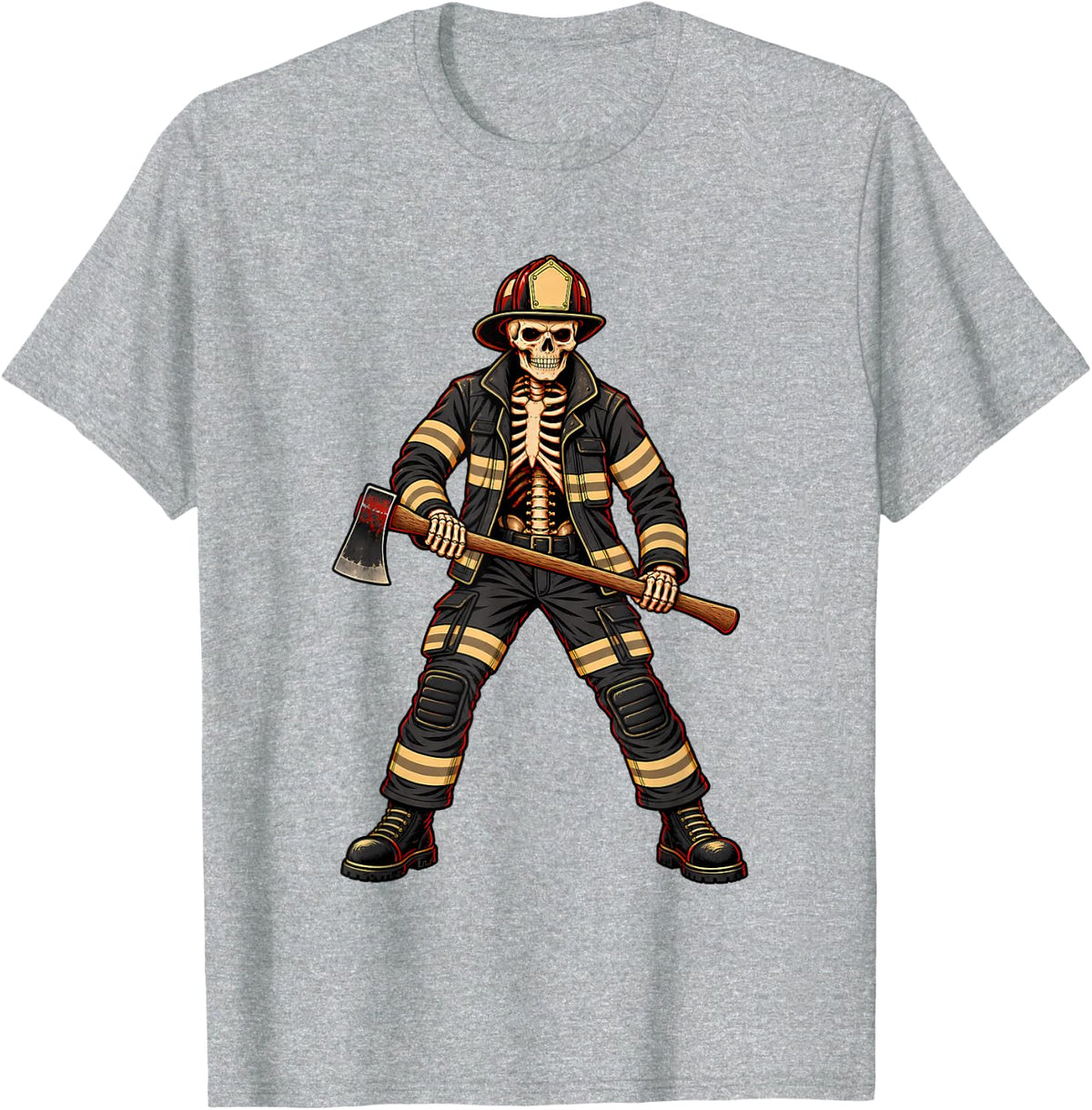 Skeleton Firefighter Halloween Costume Fire Rescue Gear T-Shirt - Heather Grey