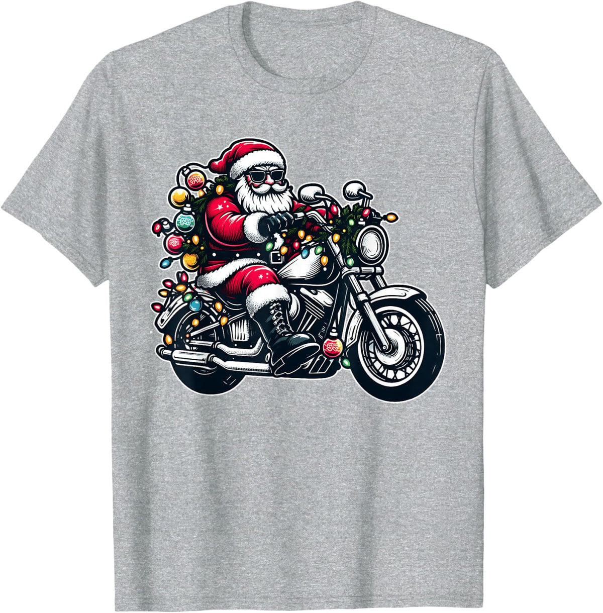 Santa Claus on Motorcycle Funny Biker Christmas Xmas Lights T-Shirt - Heather Grey