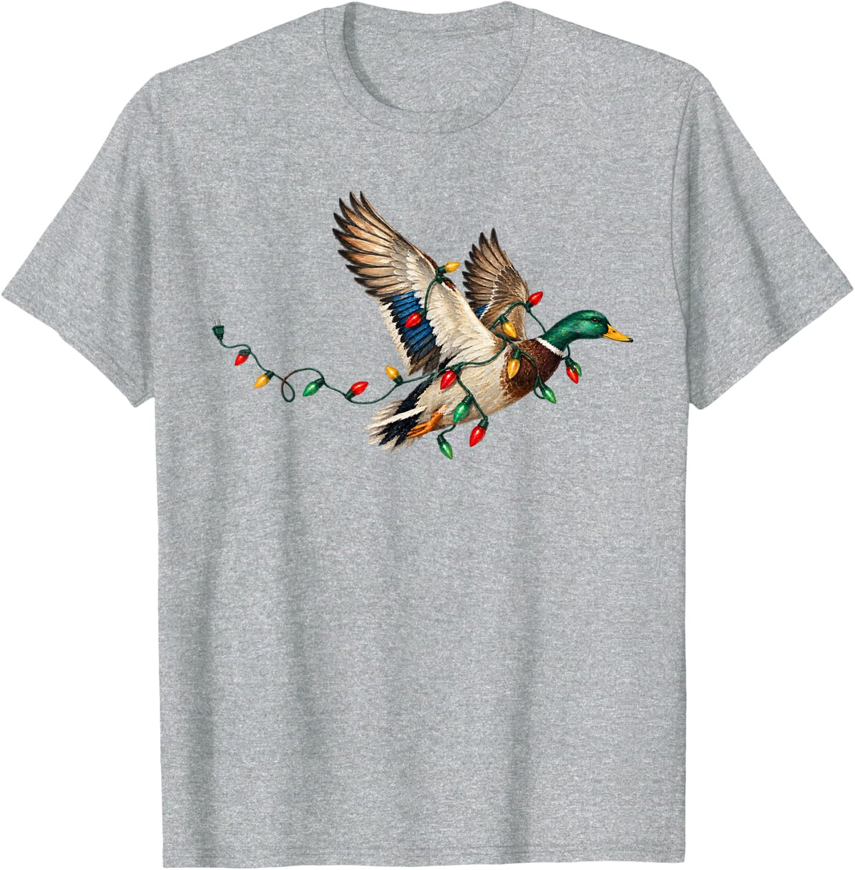 Flying Mallard Duck Santa Hat Christmas Lights Wildlife T-Shirt - Heather Grey