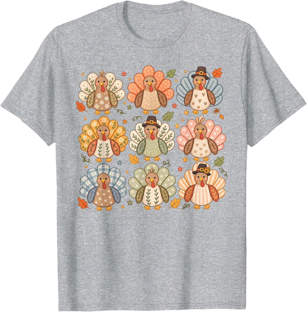 Boho Thanksgiving Turkey Pattern Autumn Floral Fall Leaves T-Shirt - Heather Grey