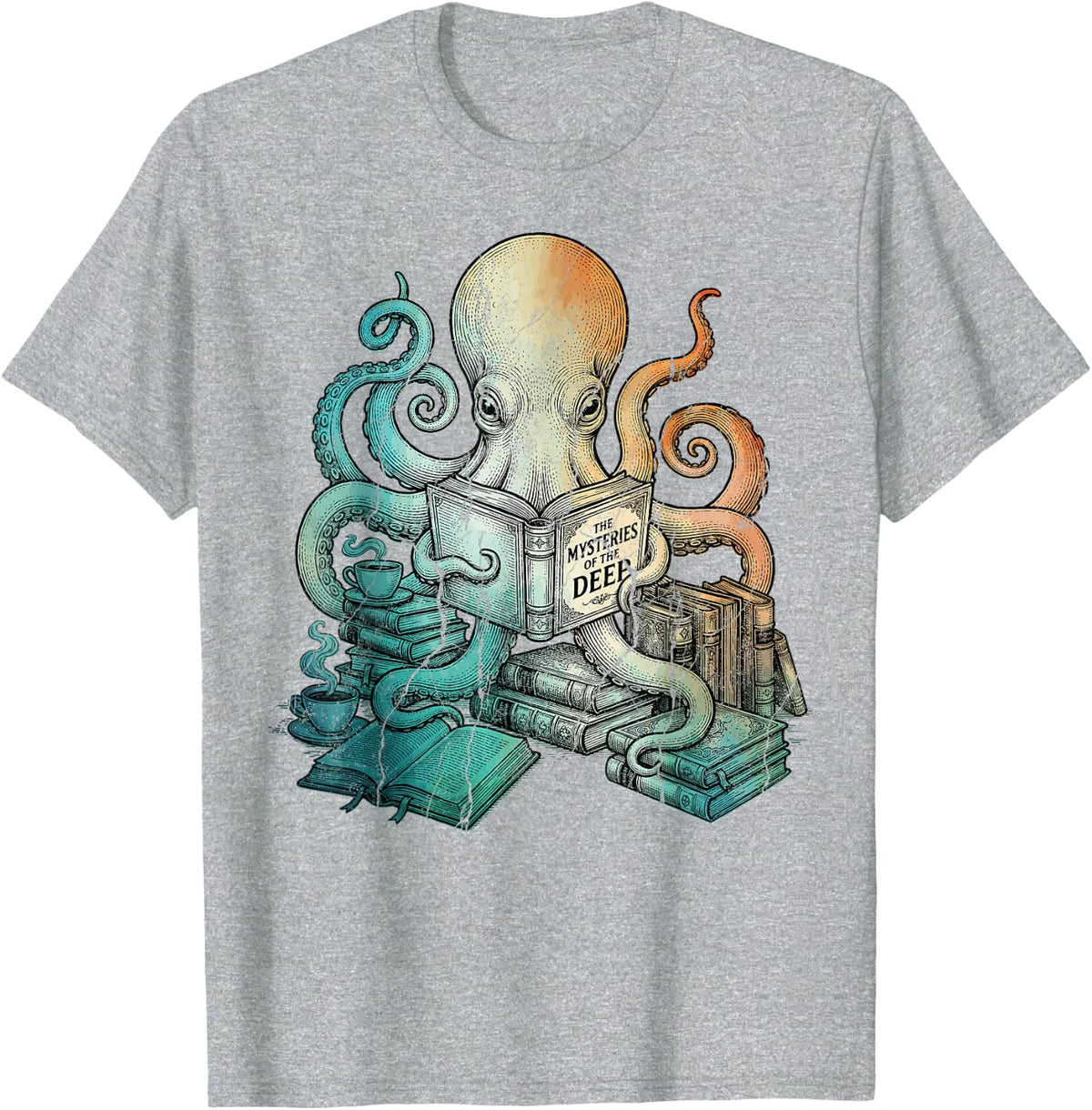 Octopus Reading Book Lover Funny Bookworm Reader Librarian T-Shirt - Heather Grey