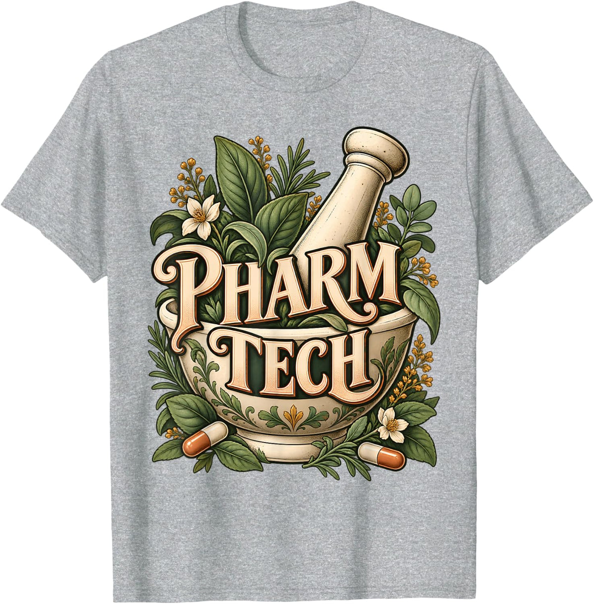 Pharmacy Technician Pharm Tech Botanical Mortar and Pestle T-Shirt - Heather Grey