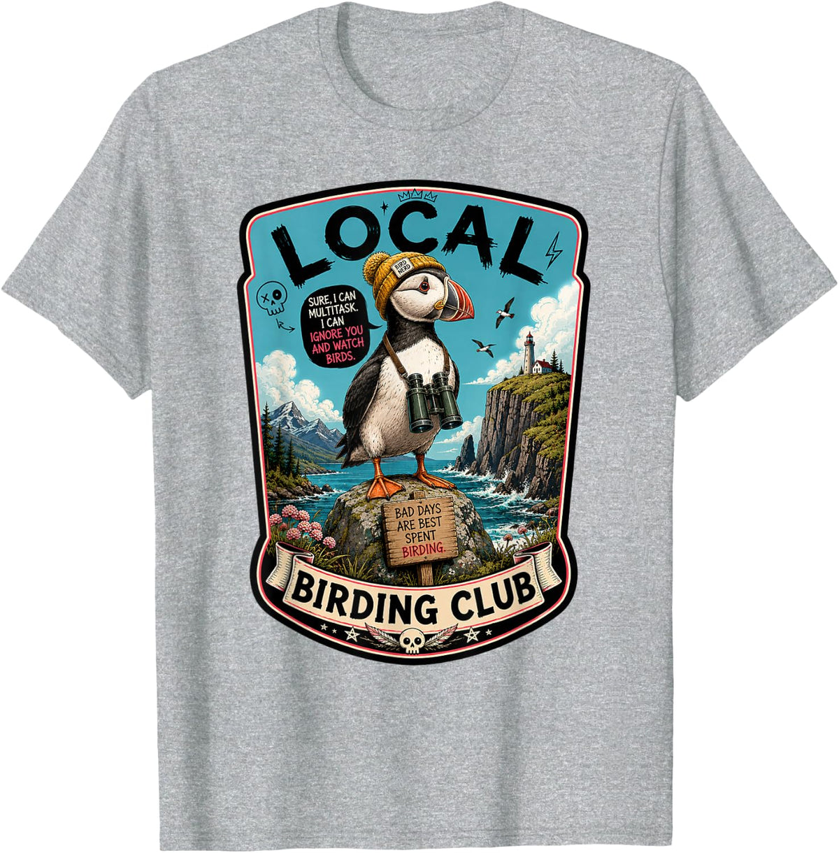 Birding Club Puffin Birdwatching Vintage Nature Wildlife T-Shirt - Heather Grey