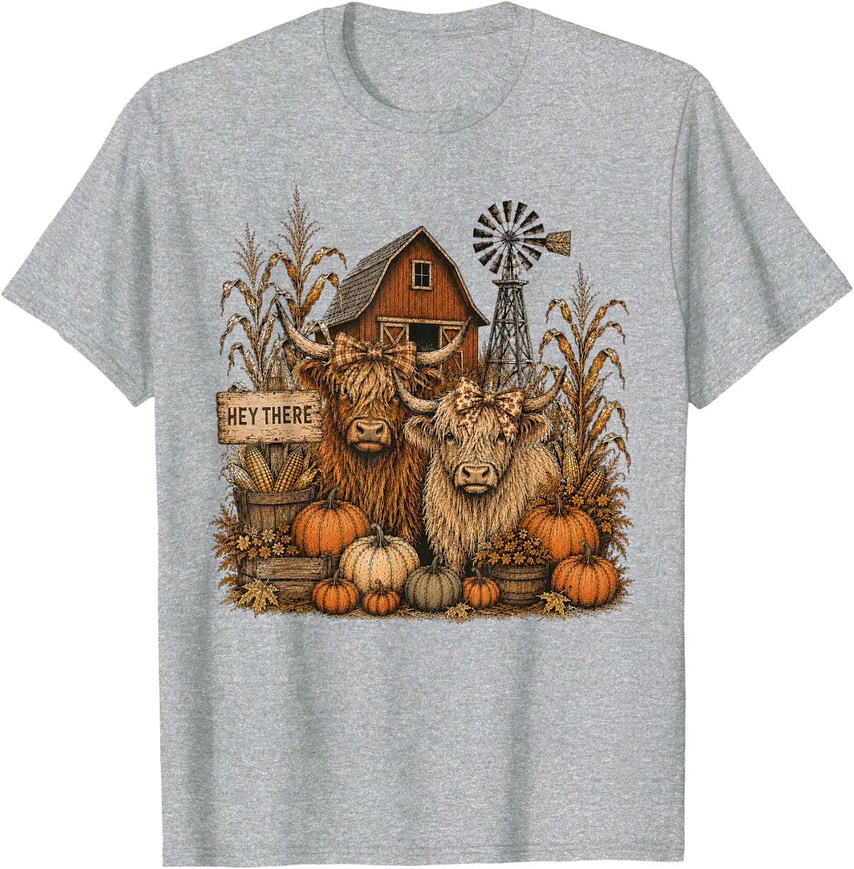 Autumn Fall Highland Cow Funny Hey There Thanksgiving T-Shirt - Heather Grey