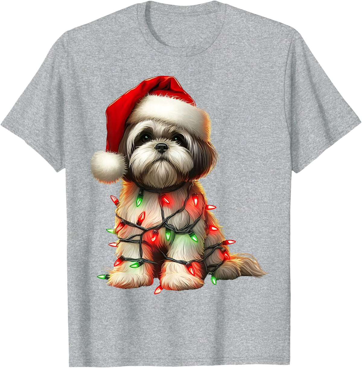 Shih Tzu Dog Christmas Lights Santa Hat Dog Lover T-Shirt - Heather Grey